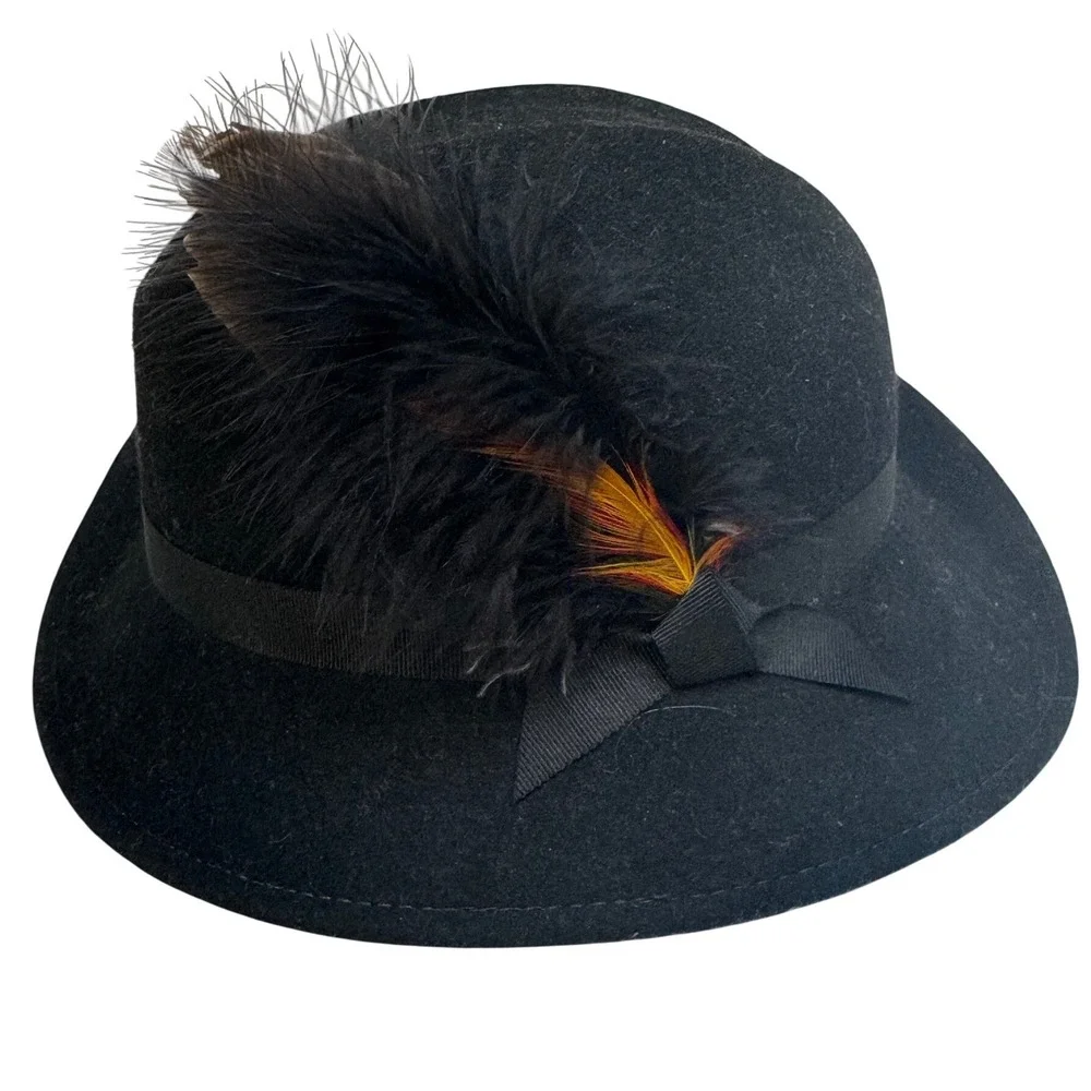 Vintage Lancaster Black 100% Wool Fedora Hat Feather Accent Made USA Unisex